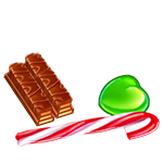 Candy canes, gumdrops, chocolate