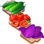 Cucumbers, bell peppers, purple cabbage