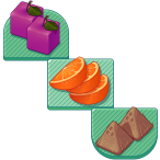 Square plums, orange slices, triangular coconuts