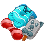 Cola-flavored gummy, blue glazed donut, ice cream bar